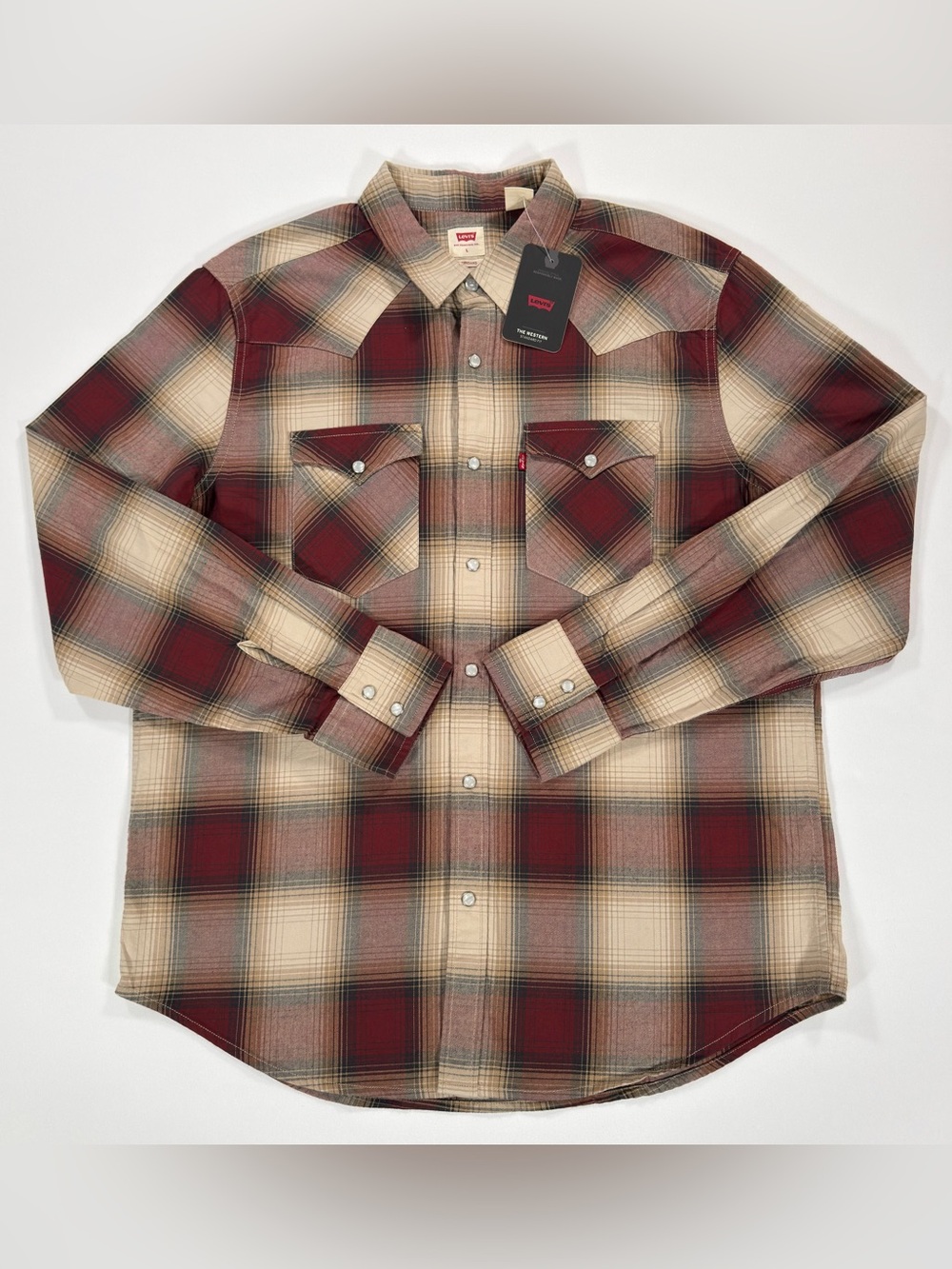 NWT Levis Mens L Western Pearl Snap Plaid Long Sleeve Button Shirt Red Tan